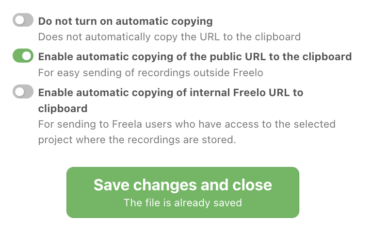 Example of setting up automatic copying of a public or internal URL of a recording.
