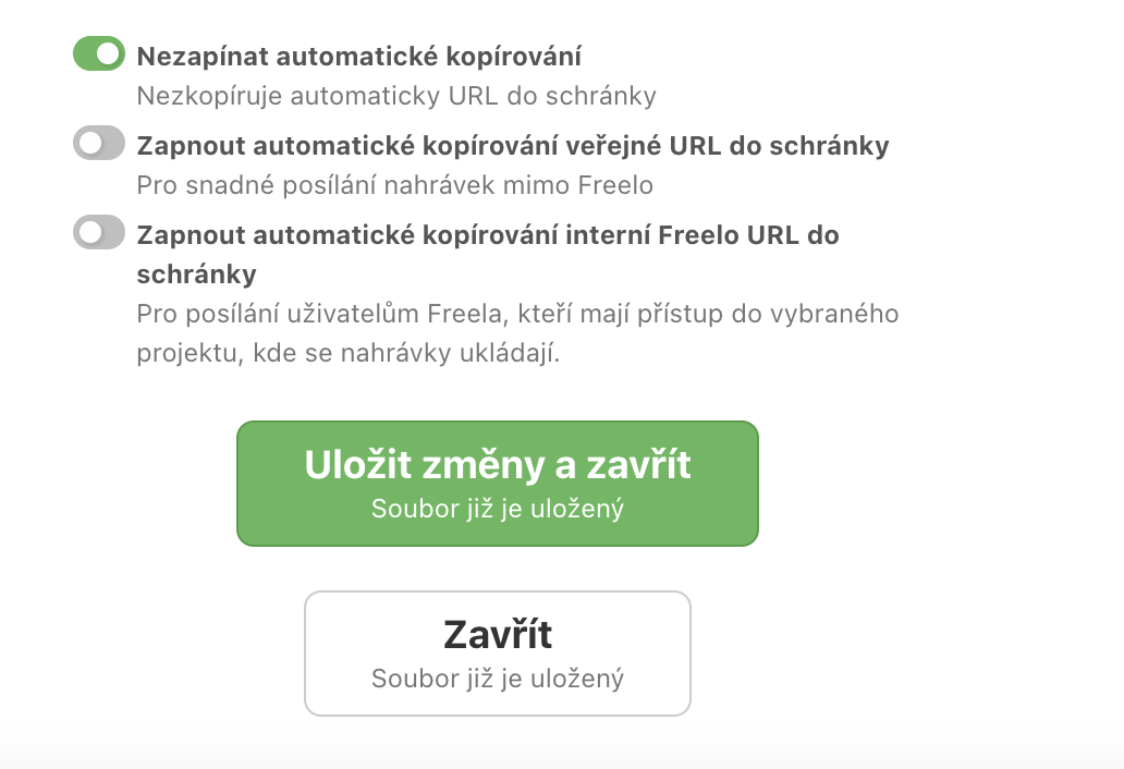 Ukázka nastavení pro automatické kopírování veřejné nebo interní URL adresy nahrávky ve Freelu.