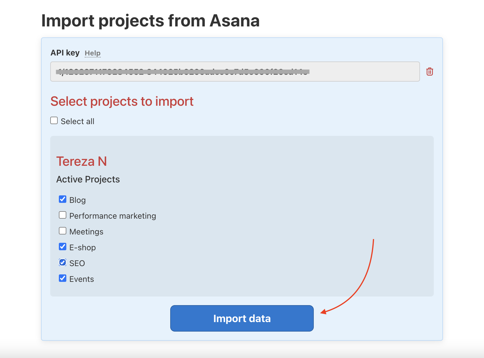 Select which projects you want to export to Freela and click Import data.