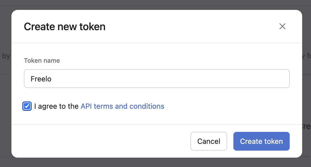 Name your access token (for example Freelo) and agree to the terms and conditions.