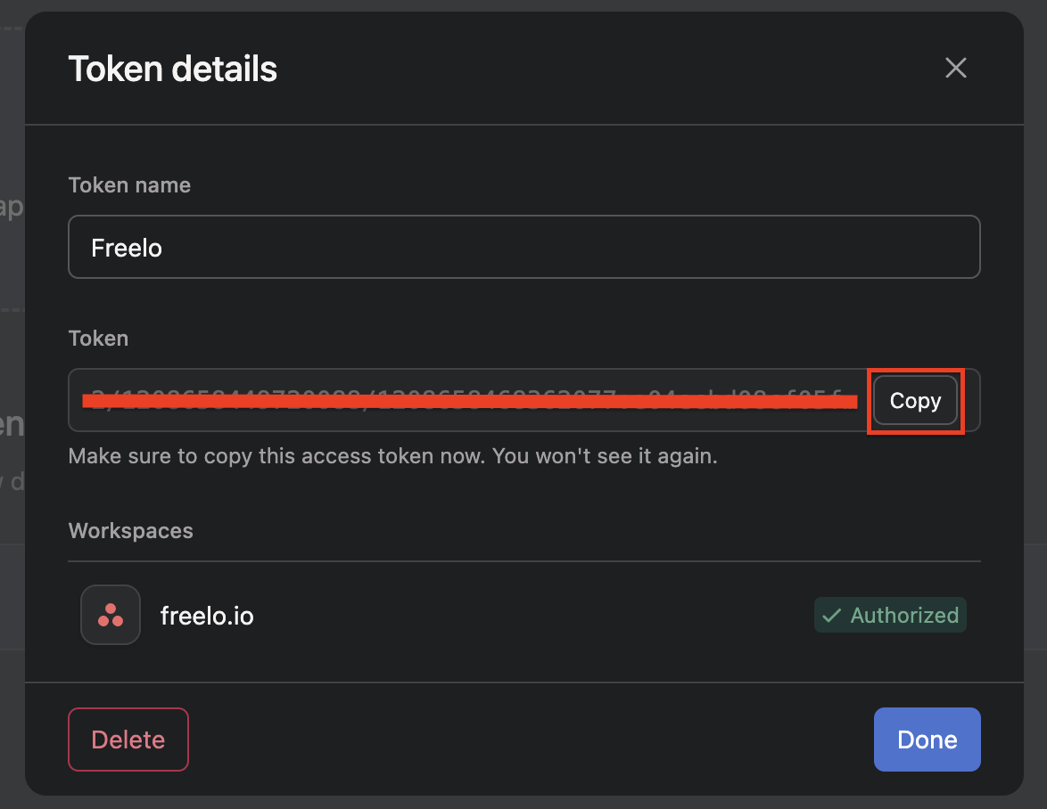 Copy your access token to your inbox and click Done.