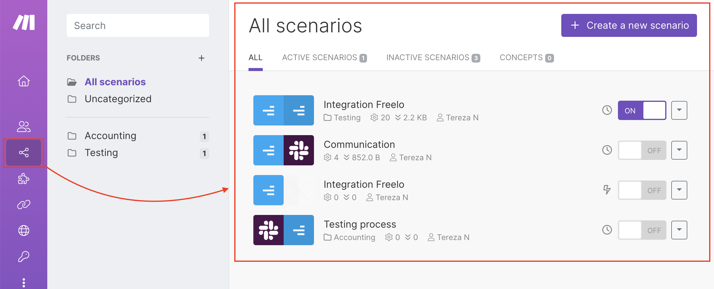 Go to the overview of All scenarios via the Scenarios section in the purple column.