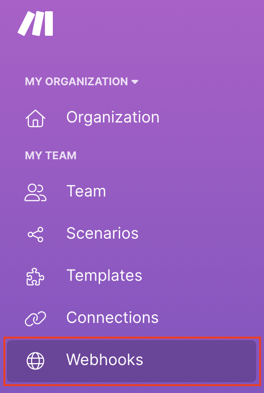 The Webhooks section in Make.