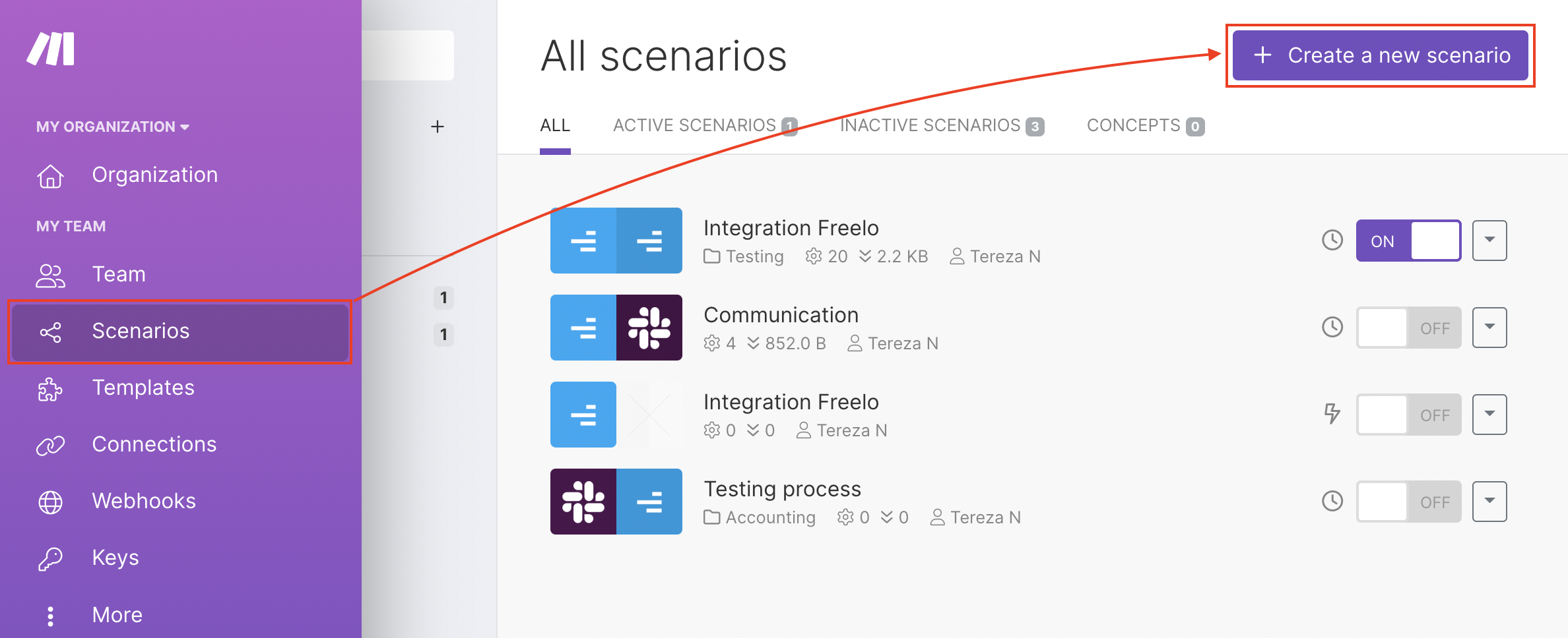 Example of how to create a new scenario in Make.