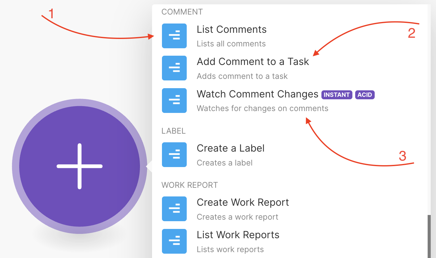 Types of Freelo modules: 1. Search, 2. Action, 3. Trigger