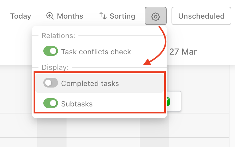 Enable these checkboxes if you want to show subtasks and completed sub/tasks in the Timeline.