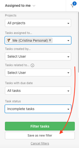 Scroll below filters and click Save as new filter.