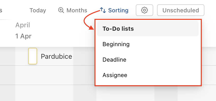 Options for sorting tasks in the Timeline.