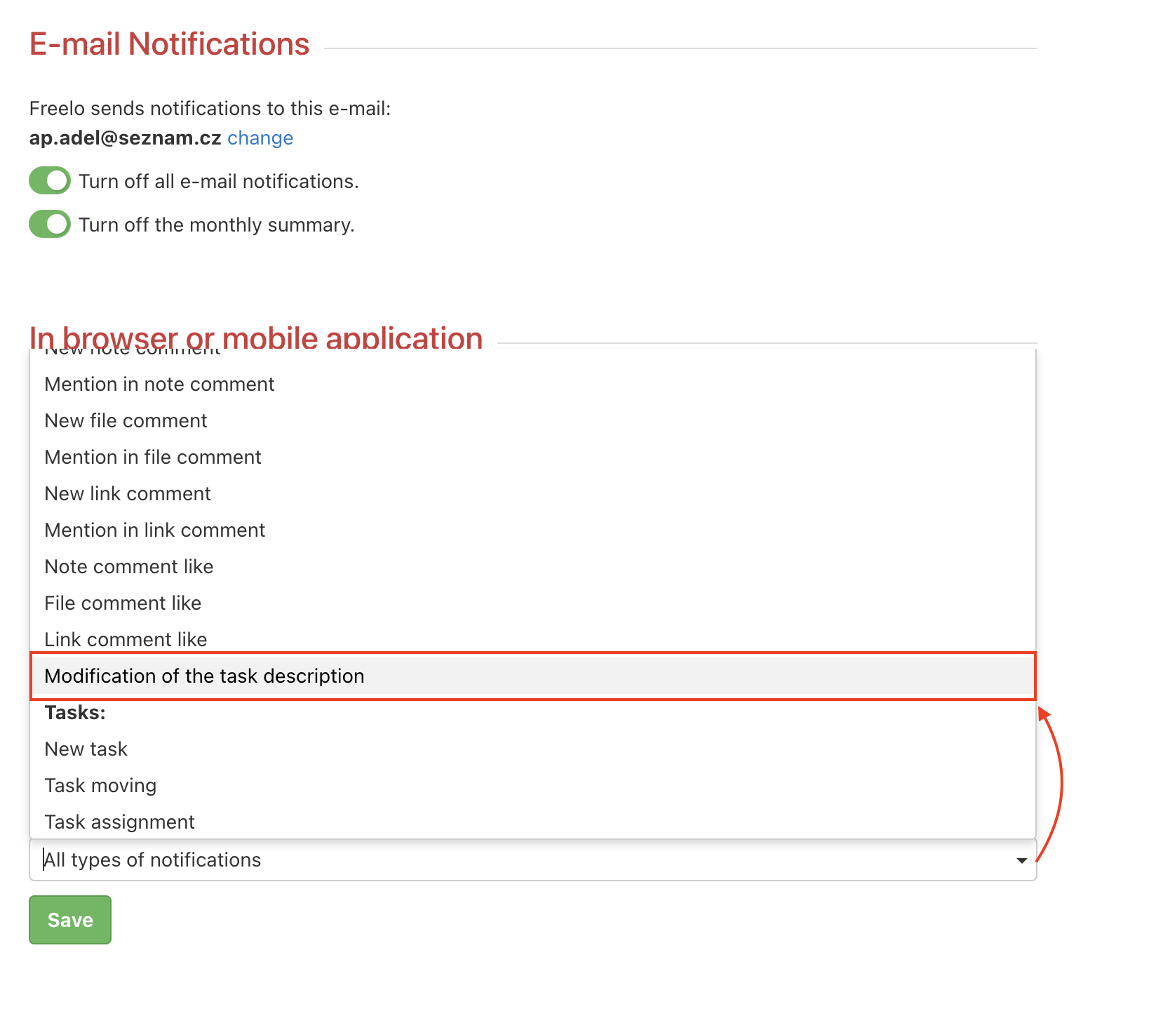 Turning on/off the modification of the task description notification.