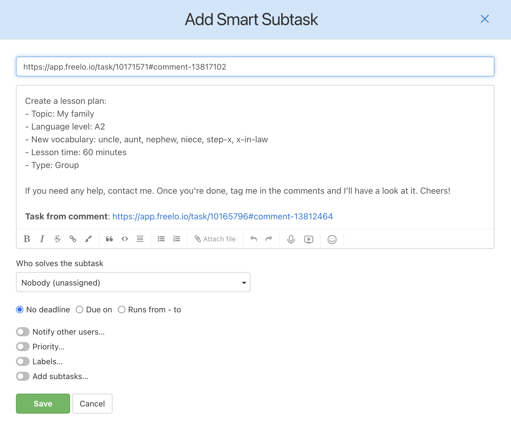 Creating a subtask from a task description.