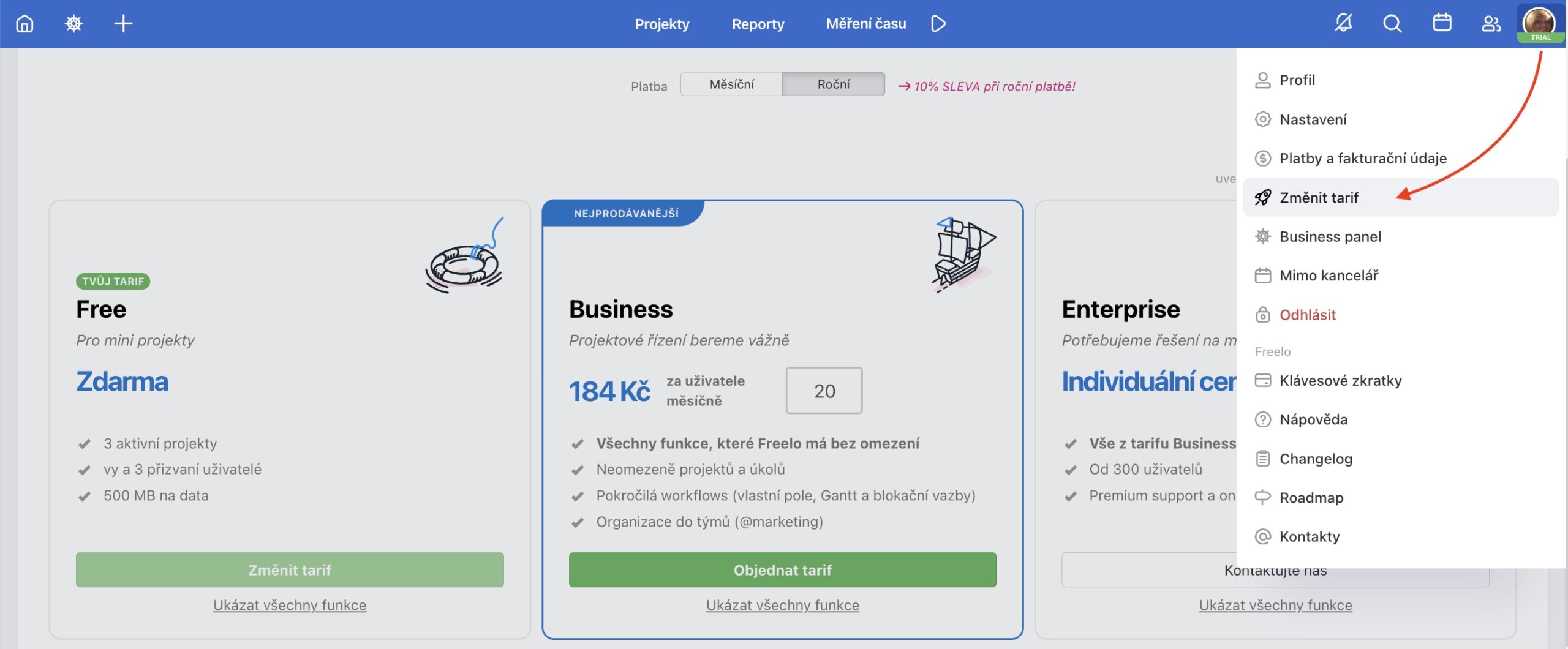 Zakoupení tarifu přímo skrz aplikaci Freelo.