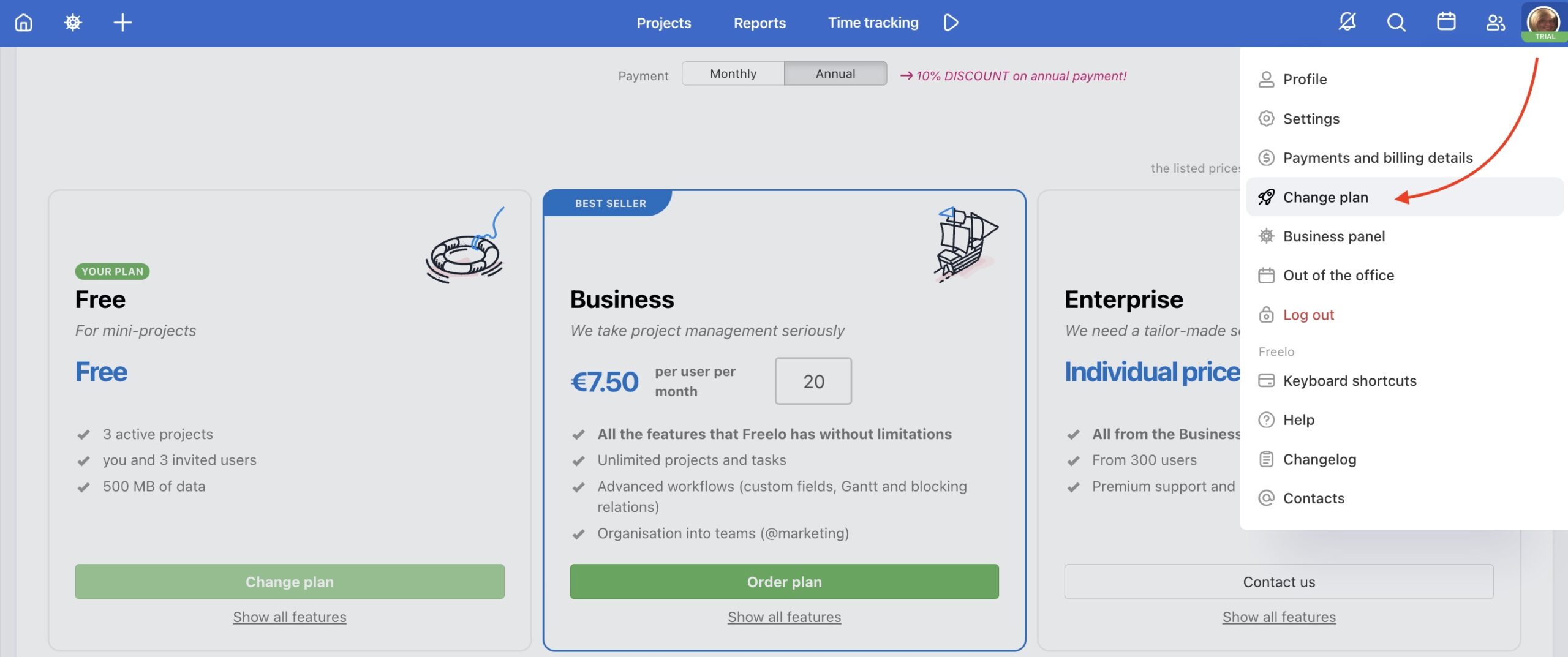 Ordering a paid plan in Freelo app.