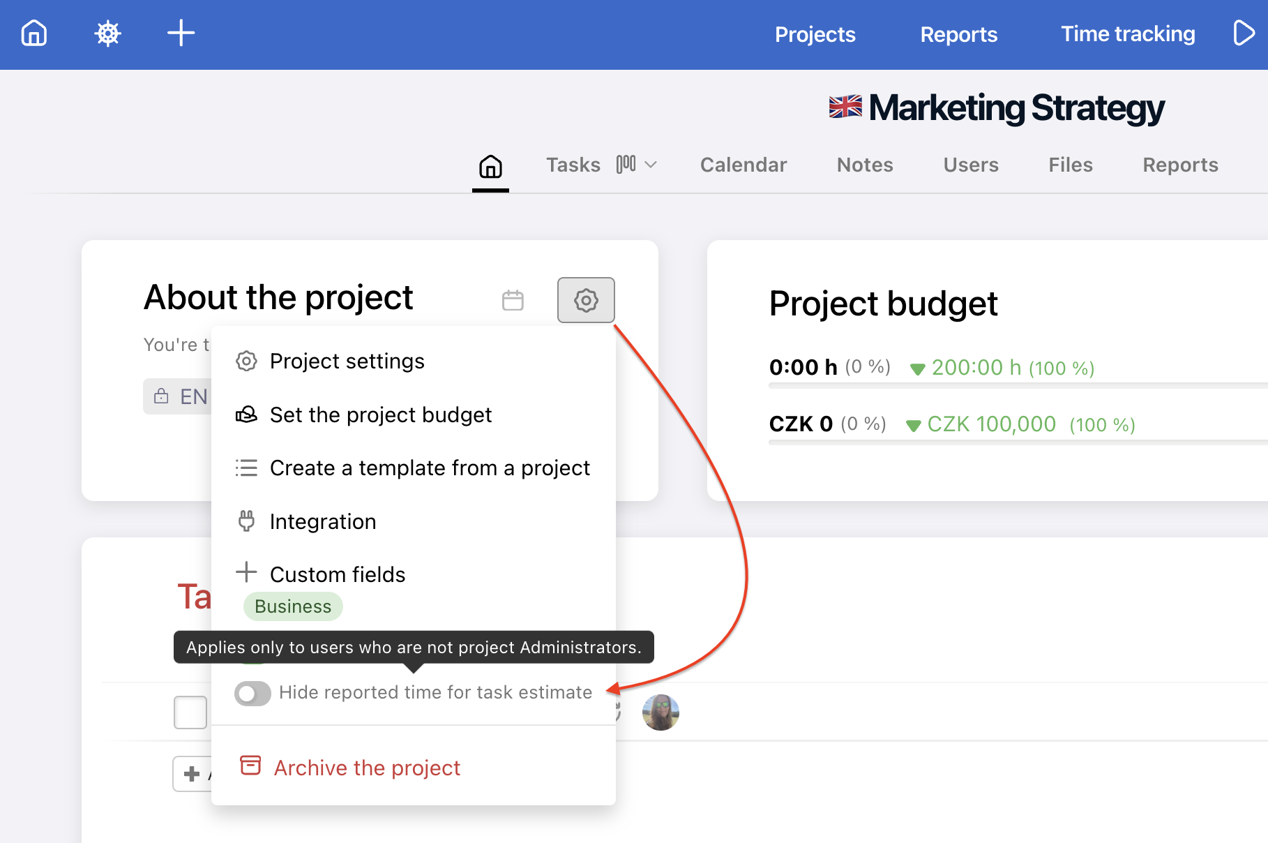 How to hide reported time in task estimates from invited users.