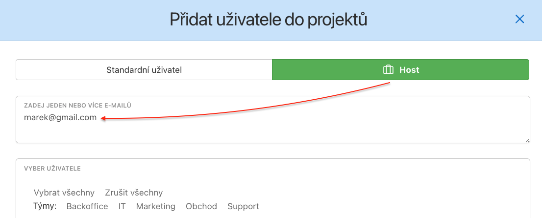 Jak přizvat nového uživatele, který bude v roli Host.