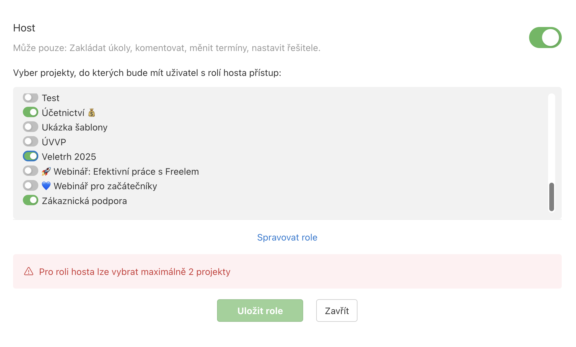 Ukázka upozornění, že je host přizvaný do více než 2 projektů.