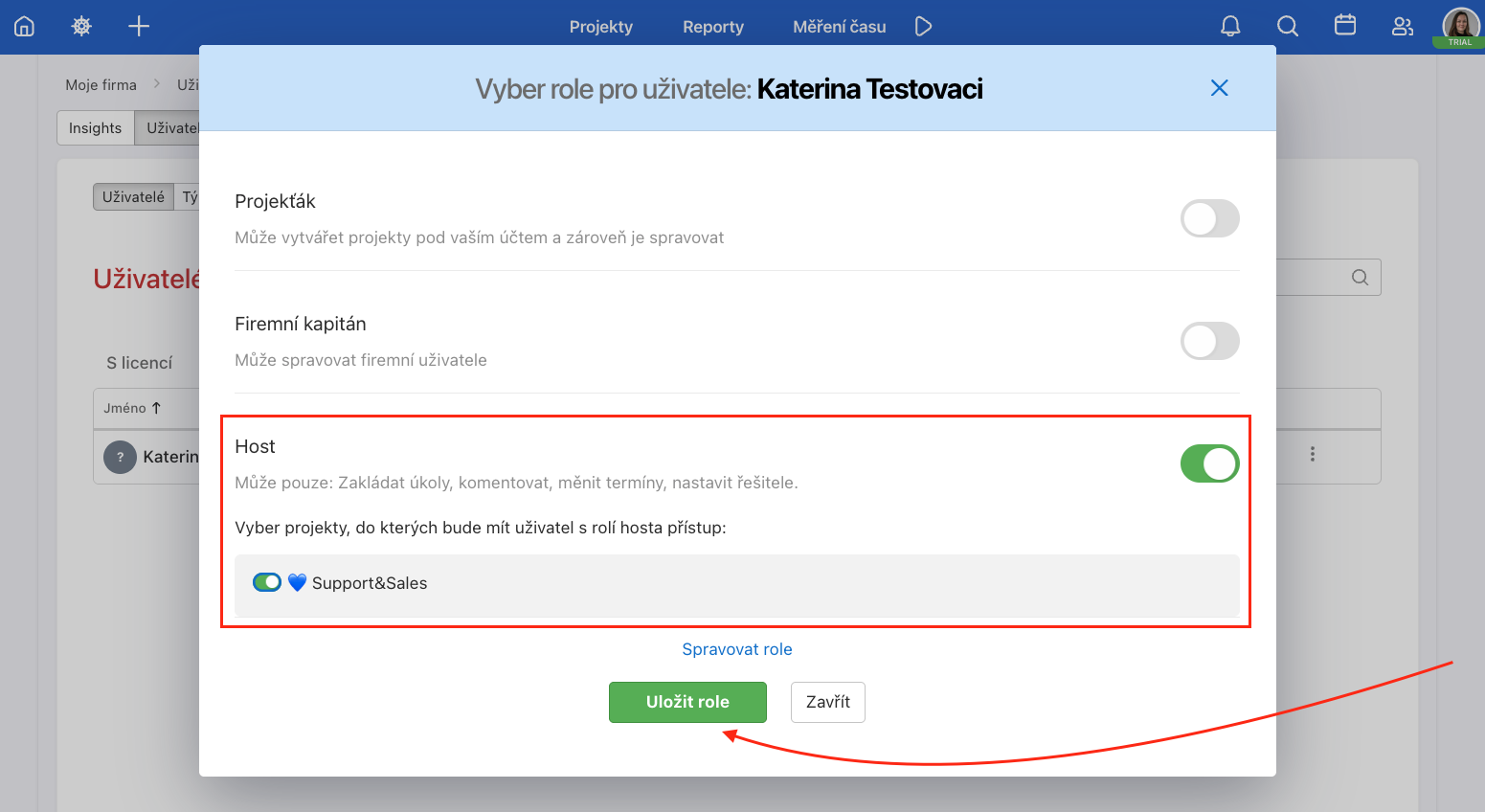 Nastavení role Host u konkrétního uživatele ve Freelu.