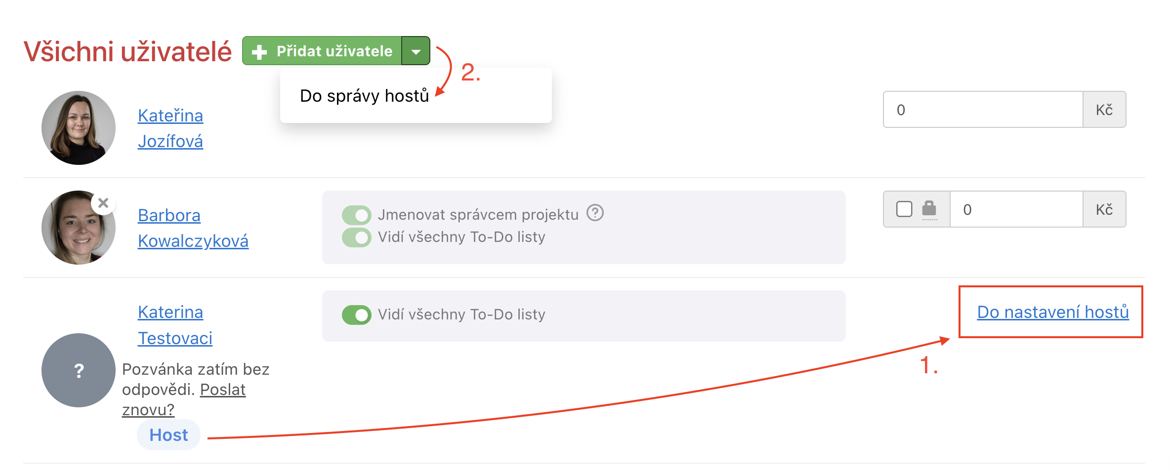 Ukázka prokliku nastavení hosta ze sekce Uživatelé v konkrétním projektu.