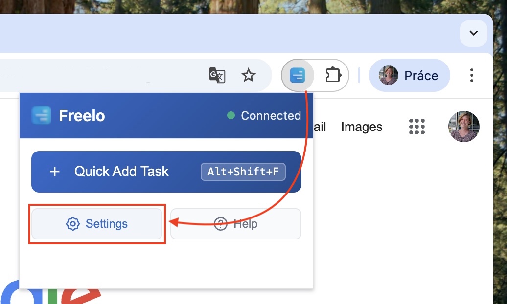 Ikona nainstalovaného Freelo rozšíření v Google Chrome s nastavením API klíče.