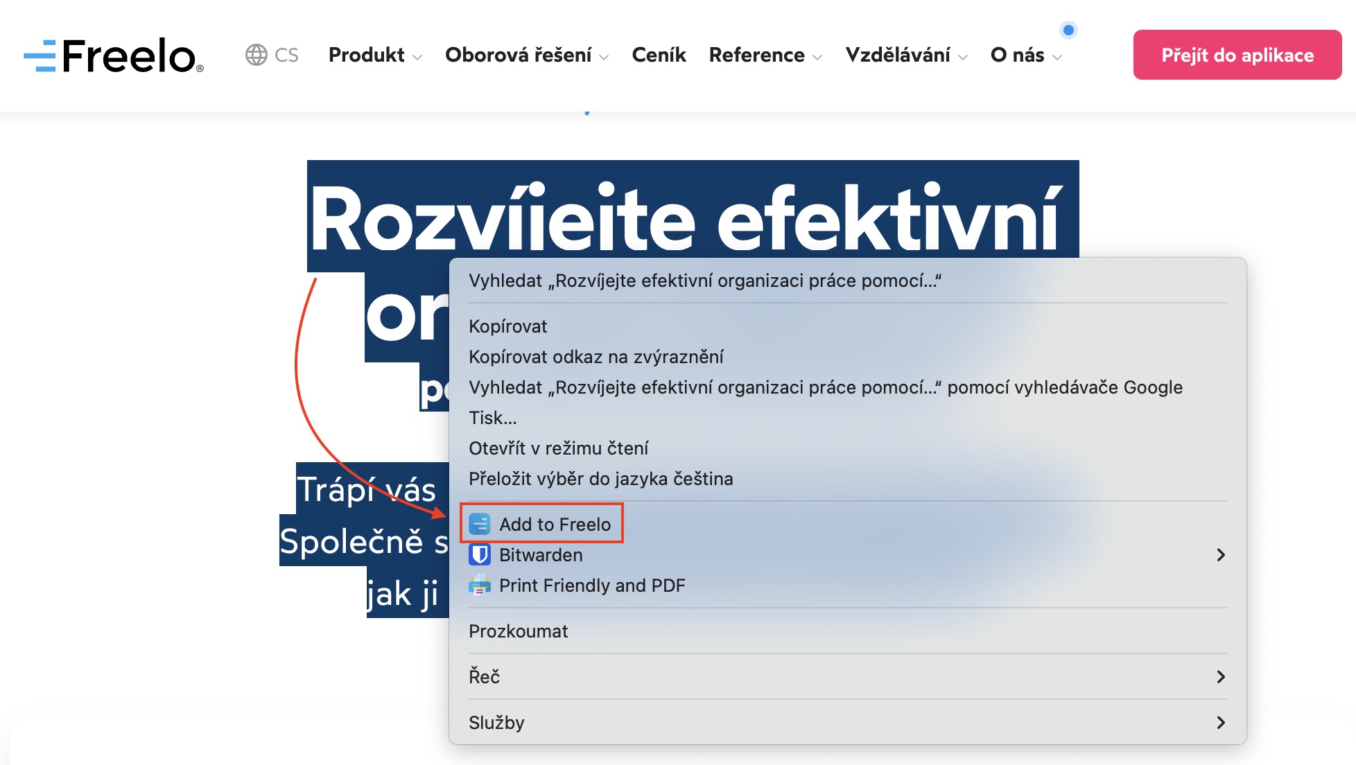 Označení textu pro vytvoření úkolu.