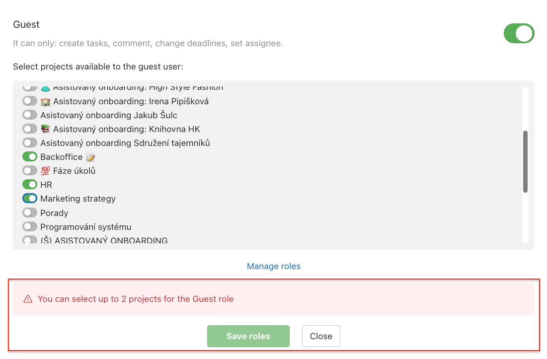 Example of warning when a Guest is invited to more than 2 projects.
