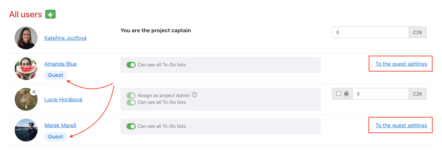 Example of accessing Guest settings from the Users section in a specific project.