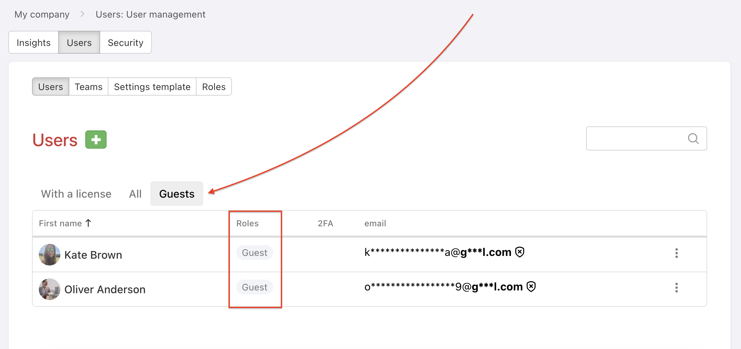 The Guests section is located in the Business Panel > User management > Users.