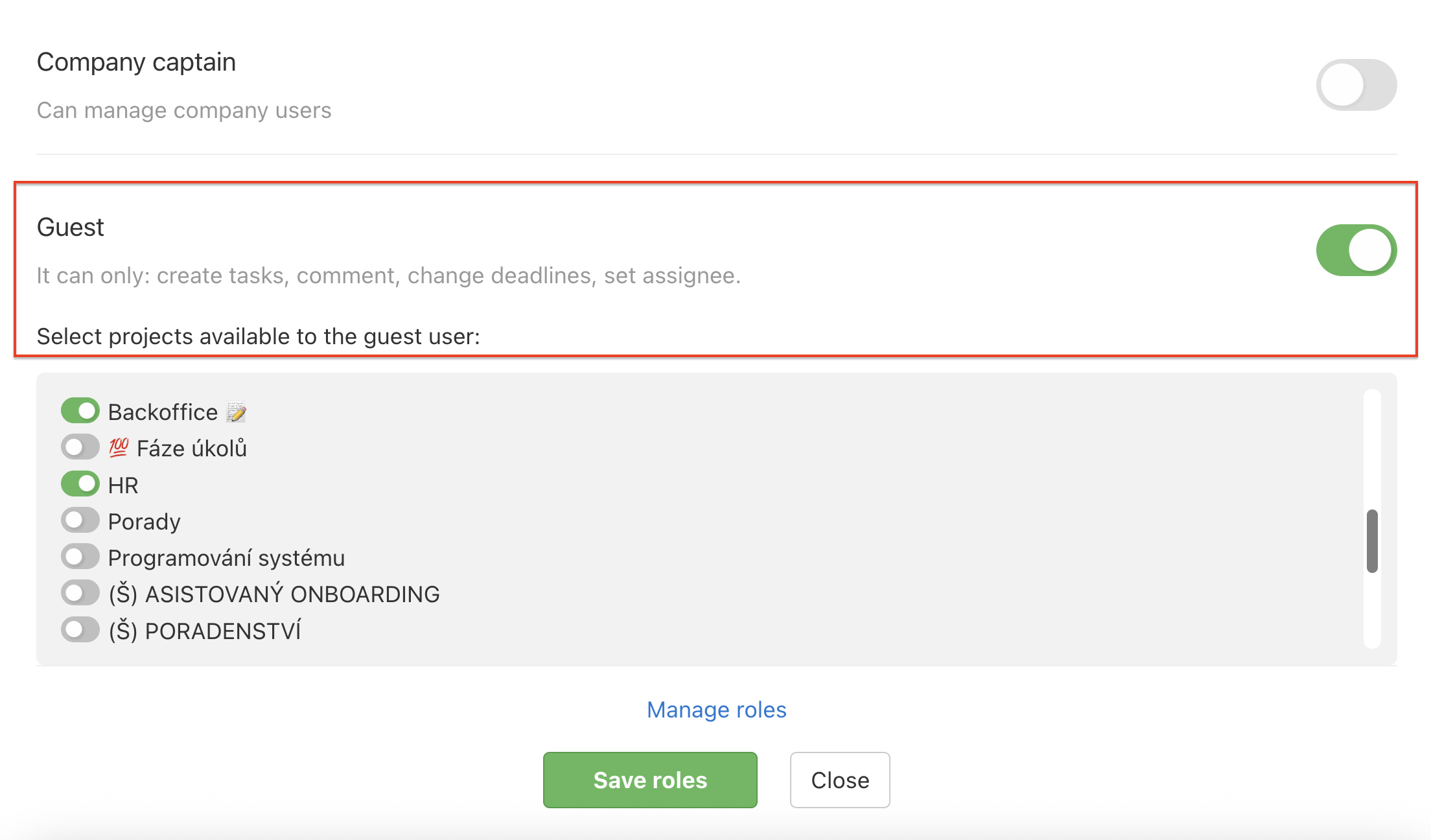 Setting the Guest role for a specific user in Freelo.