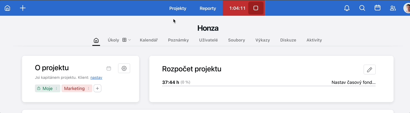 Zobrazení štítků v projektovém menu.