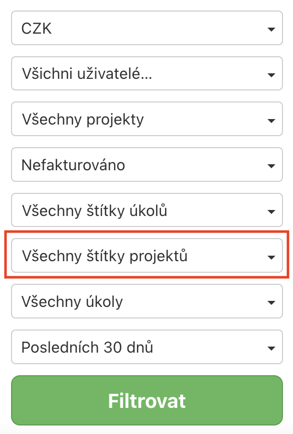 Filtrování pomocí štítků projektu při fakturaci.