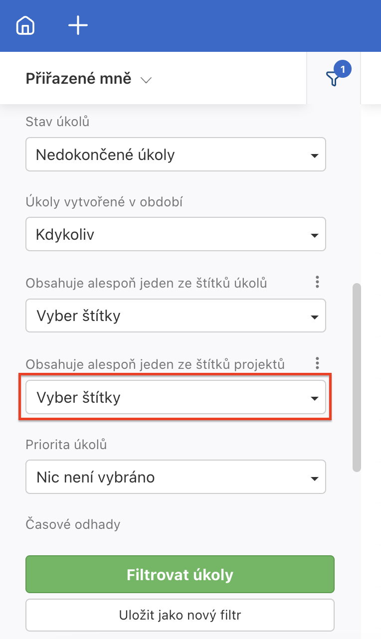 Filtrování pomocí štítků projektů na Dashboardu.
