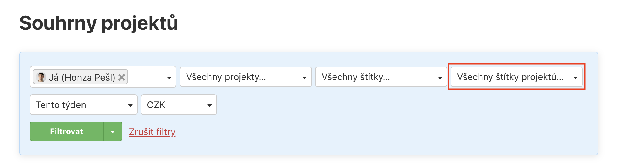 Filtrování pomocí štítků projektu v souhrnech.