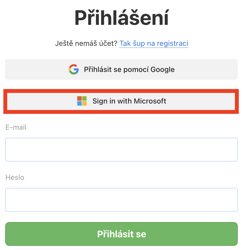 Propojte si Freelo účet s Microsoft přes tlačítko.