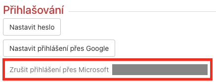 Zrušení přihlášení přes Microsoft účet.