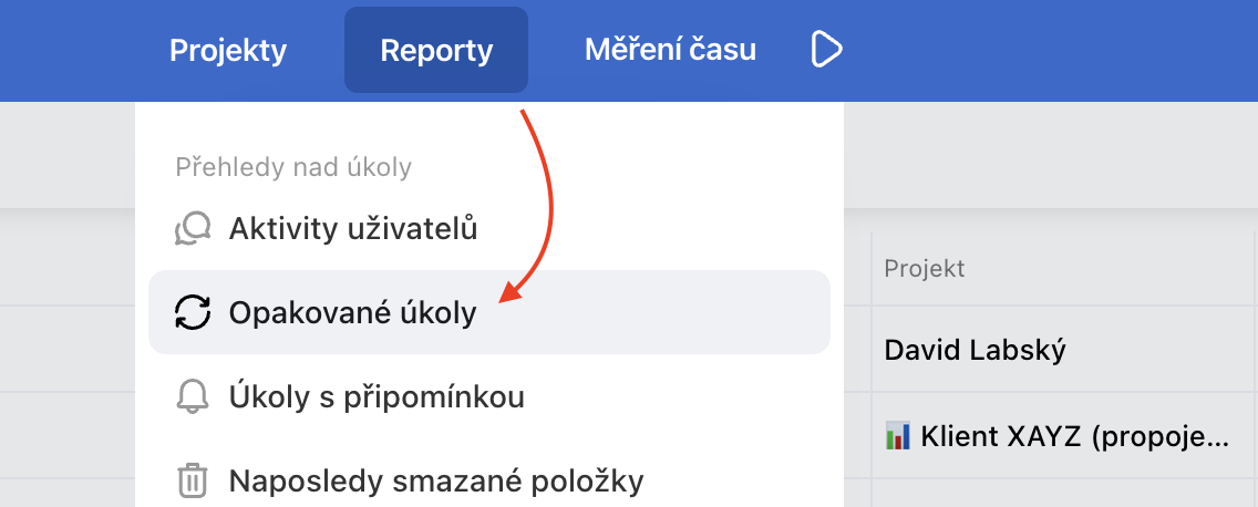 Seznam nastavených opakovaných úkolů.
