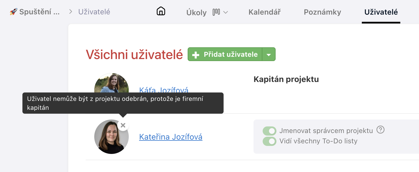 Firemního kapitána nelze z projektu odebrat.