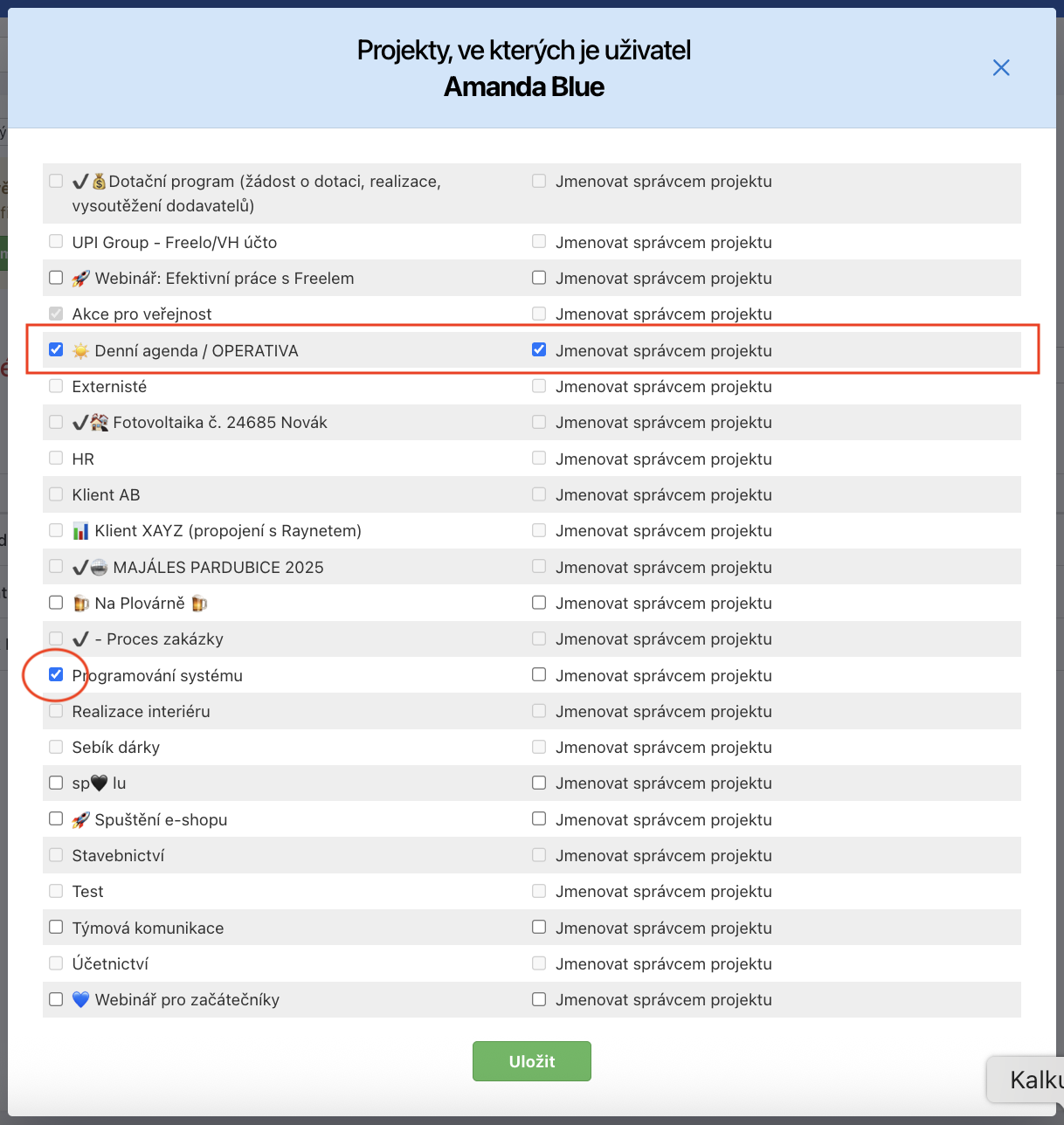V seznamu projektů zvolte, kde chcete uživatele odebrat/přizvat.