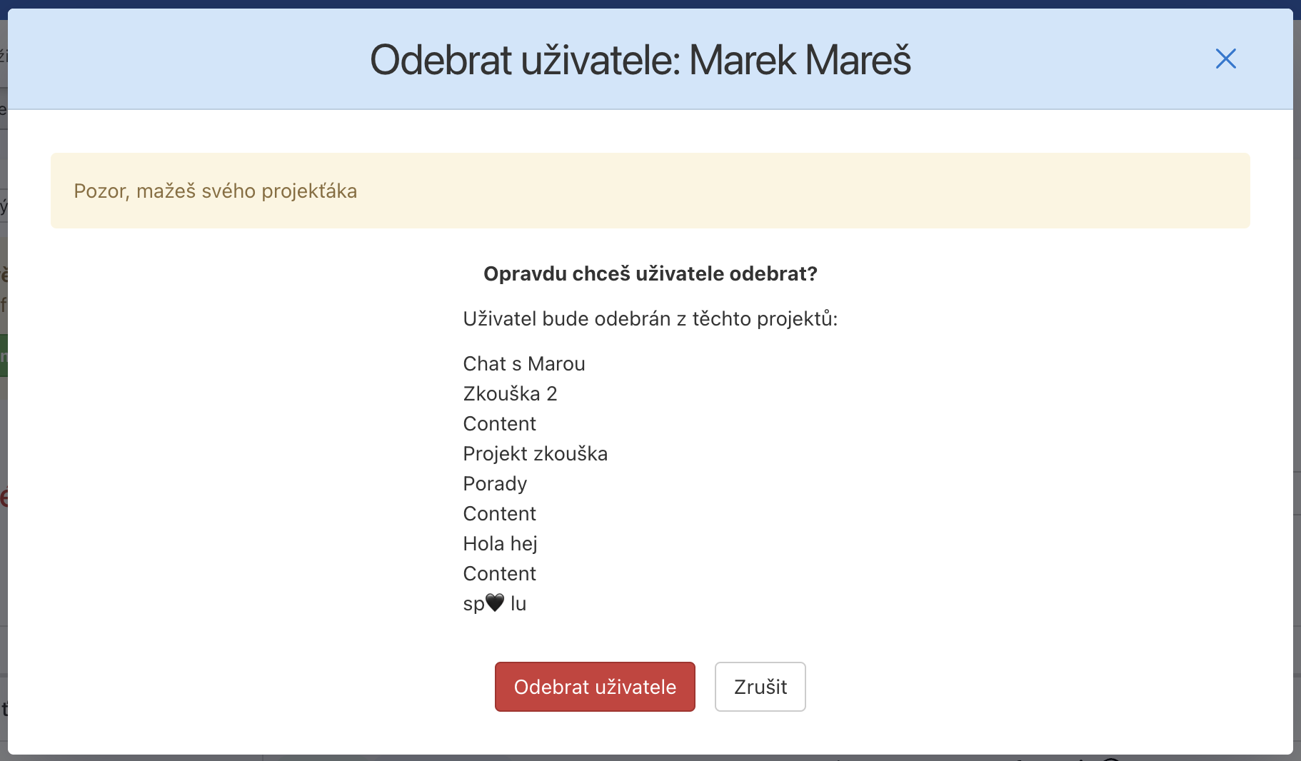 Kliknete na Odebrat uživatele a potvrdíte jeho smazání z projektů.