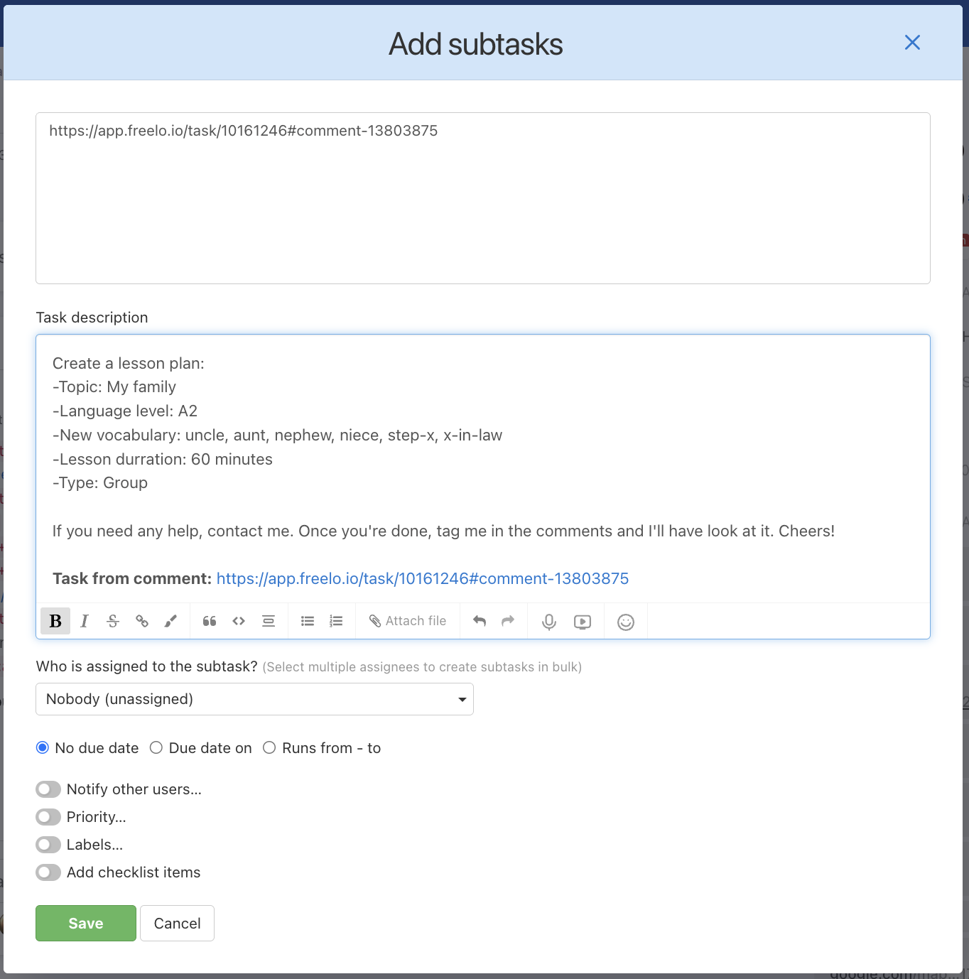 Creating a subtask from a task description.