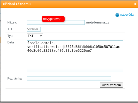 Ukázka správně přidaného TXT záznamu do DNS.